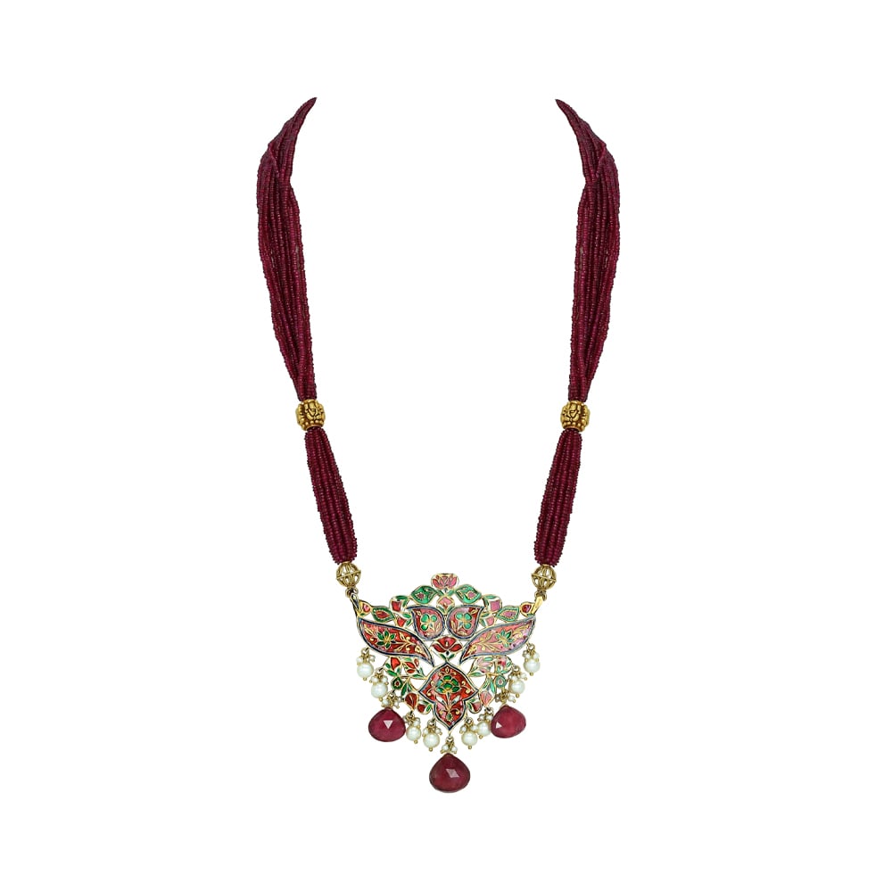 Red Enamel Polki Pendant Set with Tourmaline and Pearl Drops